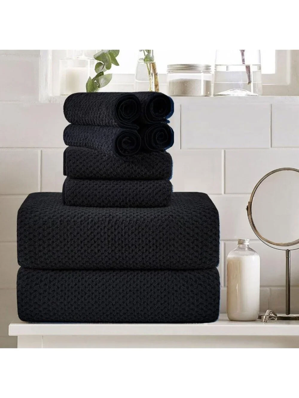 8-Piece Large Black Bath Towel Set - Oversized, Soft, Quick-Dry, Highly